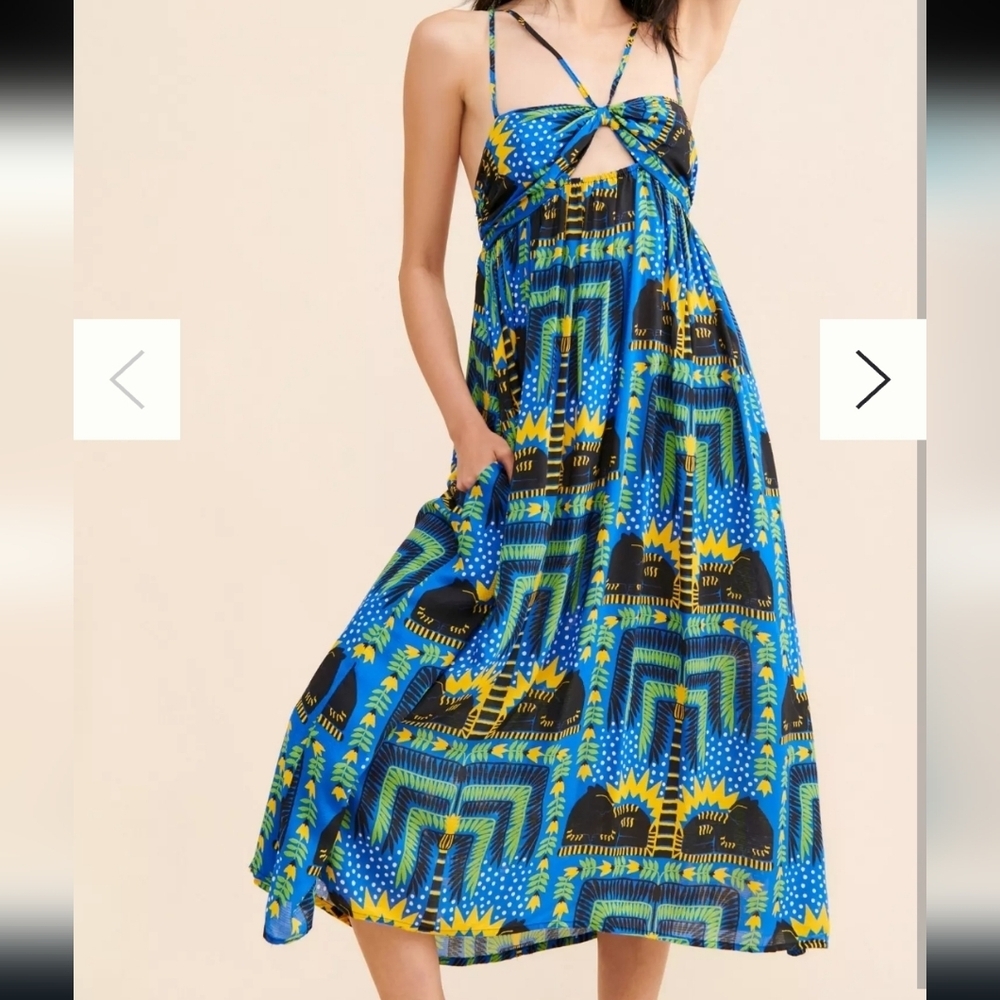 Anthropologie Blue and Yellow Geometric Midi Dress Size # XS - Picture 3 of 8